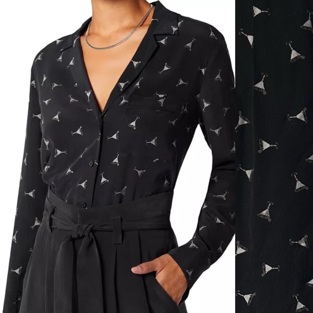Equipment Keira Silk Blouse Martini Novelty Print Black Sz Small